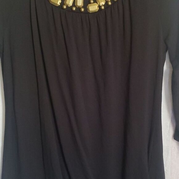 Nicole Miller Shirt Top Size M Black 3/4 Sleeve Layered Front Gold Embellishment - Picture 9 of 13